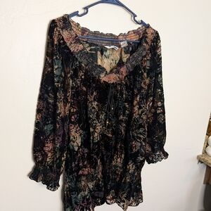 Nygard Burnout Velvet Fairy Romantic Boho Peasant Tunic Off-Shoulder Smocked Top